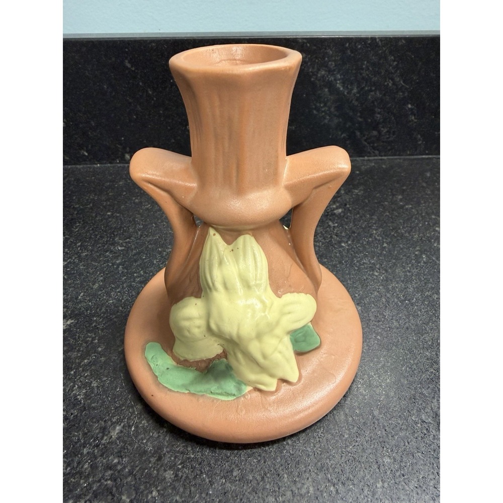 Roseville Pottery Clematis Candlestick Holder Pink Green Art Pottery 1159-4.5